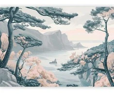 Artgeist Fototapetas - Mountainous Coast with Trees and Rocks in Light Pastel Blues