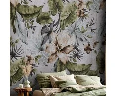 Artgeist Fototapetas - Nature in retro style - jungle landscape with pale leaves and flowers