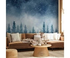 Artgeist Fototapetas - Night landscape - landscape of a misty forest at night with a starry sky
