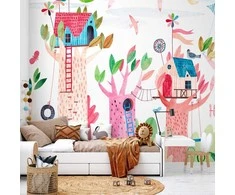Artgeist Fototapetas - Painted medžio houses - a colourful fantasy with kites for children