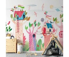 Artgeist Fototapetas - Painted medžio houses - a colourful fantasy with kites for children