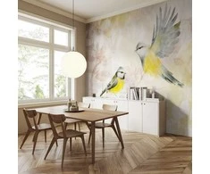 Artgeist Fototapetas - Painted tits - bird motif with patterns in yellow and beige tones