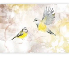 Artgeist Fototapetas - Painted tits - bird motif with patterns in yellow and beige tones