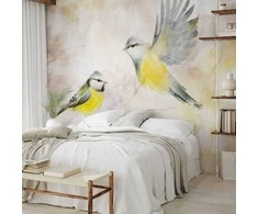 Artgeist Fototapetas - Painted tits - bird motif with patterns in yellow and beige tones