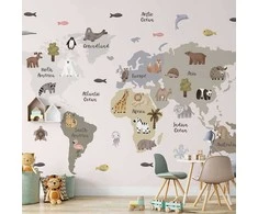Artgeist Fototapetas - Pastel Map - Animals and Continents for Children's Room