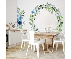 Artgeist Fototapetas - Romantic wreath - plant motif with mėlynas flowers and leaves