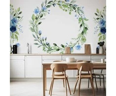 Artgeist Fototapetas - Romantic wreath - plant motif with mėlynas flowers and leaves