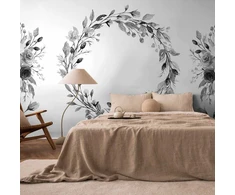 Artgeist Fototapetas - Romantic wreath - pilkas plant motif with leaves with rose pattern