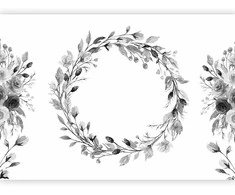 Artgeist Fototapetas - Romantic wreath - pilkas plant motif with leaves with rose pattern