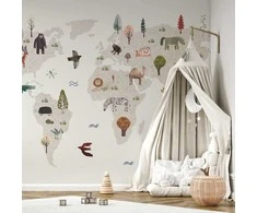 Artgeist Fototapetas - rusvai gelsvas World - Continents With Animals in Muted Colours