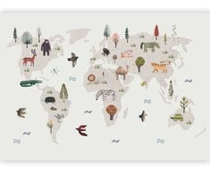 Artgeist Fototapetas - rusvai gelsvas World - Continents With Animals in Muted Colours