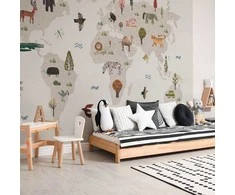 Artgeist Fototapetas - rusvai gelsvas World - Continents With Animals in Muted Colours