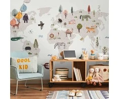 Artgeist Fototapetas - rusvai gelsvas World - Continents With Animals in Muted Colours