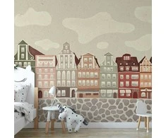 Artgeist Fototapetas - Salt Square - Colorful Illustrated Townhouses Against a Cloudy Sky Background