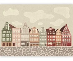 Artgeist Fototapetas - Salt Square - Colorful Illustrated Townhouses Against a Cloudy Sky Background