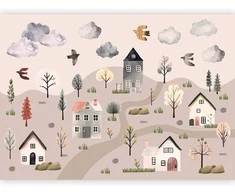 Artgeist Fototapetas - Scandinavian Valley - Village in Pastel Colours Painted in Watercolours