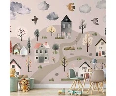 Artgeist Fototapetas - Scandinavian Valley - Village in Pastel Colours Painted in Watercolours