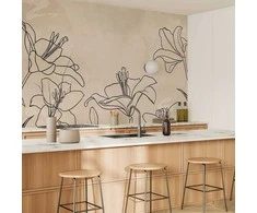 Artgeist Fototapetas - Sketch of nature - minimalist lineart with lily flowers on a beige background