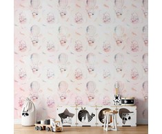 Artgeist Fototapetas - Solid pattern with feathers - hares in a basket and in a balloon for children