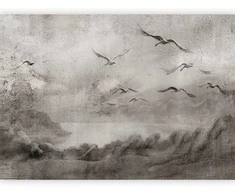 Artgeist Fototapetas - Swan flight - abstract landscape of birds over a lake with texture