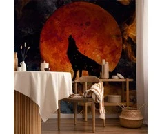 Artgeist Fototapetas - Wild nature - wolf on a background of a red moon in flames of fire