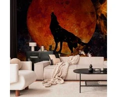 Artgeist Fototapetas - Wild nature - wolf on a background of a red moon in flames of fire