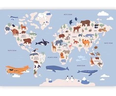 Artgeist Fototapetas - World Map With Animal Illustrations