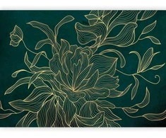Artgeist Fototapetas - Žalias boudoir - linear drawing of a flower in golden colours on a dark background