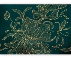 Artgeist Fototapetas - Žalias boudoir - linear drawing of a flower in golden colours on a dark background