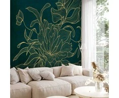 Artgeist Fototapetas - Žalias boudoir - linear drawing of a flower in golden colours on a dark background
