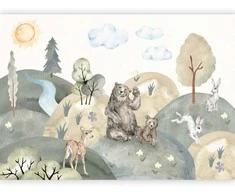 Artgeist Fototapetas - Žalias Hills - a Valley With Animals Painted in Watercolours