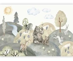 Artgeist Fototapetas - Žalias Hills - a Valley With Animals Painted in Watercolours