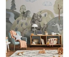 Artgeist Fototapetas - Žalias Hills - a Valley With Animals Painted in Watercolours