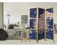 Artgeist Japoniška kambario pertvara - Cosmic Harmony - Illustration of the Sun and Moon on a Navy Background