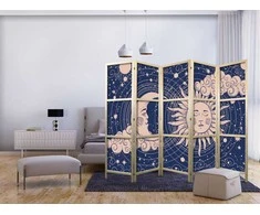 Artgeist Japoniška kambario pertvara - Cosmic Harmony - Illustration of the Sun and Moon on a Navy Background