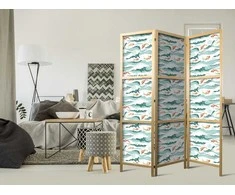 Artgeist Japoniška kambario pertvara - Fish Jumping Over Waves - Oriental Fish and Water Lilies Among High Waves in Shades of Sea Žalias