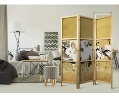 Artgeist Japoniška kambario pertvara - Japanese cranes - a flock of birds against a golden background based on a painting by Ishida Yūtei