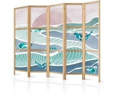 Artgeist Japoniška kambario pertvara - Koi Fish Among Waves - Japanese Fish Among Waves in Shades of Turquoise and Baltas