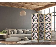 Artgeist Japoniška kambario pertvara - Peonies - Rožinė Flowers and Žalias Leaves on a Graphite Background