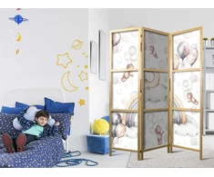 Artgeist Japoniška kambario pertvara - Plush Bears with Balloons - Flying Light-Brown Bears Among Balloons - Clouds - and Rainbows in Subdued - Pastel Colors.