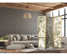 Artgeist Japoniška kambario pertvara - Retro Vintage Flowers in Delicate Kreminis and Žalias Colors.