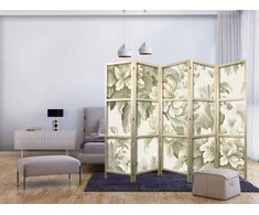 Artgeist Japoniška kambario pertvara - Retro Vintage Flowers in Delicate Kreminis and Žalias Colors