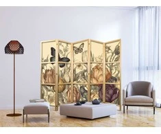 Artgeist Japoniška kambario pertvara - Tulips in Kreminis - Illustration of Flowers and Butterflies on a Light Background