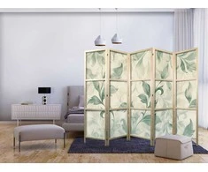 Artgeist Japoniška kambario pertvara - Watercolor Botanical Motif - Delicate Žalias-rusvai gelsvas Leaves