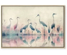 Artgeist Paveikslas - Birds by the lake - herons painted in watercolour in delicate pilkas and pink colours