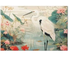 Artgeist Paveikslas - By an Asian pond - an illustration in the style of a Japanese engraving, depicting a heron