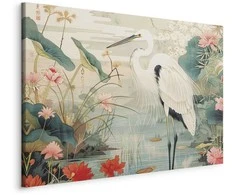 Artgeist Paveikslas - By an Asian pond - an illustration in the style of a Japanese engraving, depicting a heron