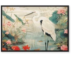 Artgeist Paveikslas - By an Asian pond - an illustration in the style of a Japanese engraving, depicting a heron