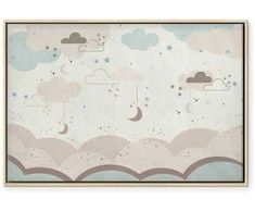 Artgeist Paveikslas - Cloudy Night Sky - Moons in Brown and rusvai gelsvas Hues Among Clouds and Numerous Little Stars on a Light Background