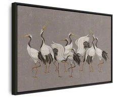 Artgeist Paveikslas - Crane dance – bright silhouettes of birds against a warm pilkas background with texture